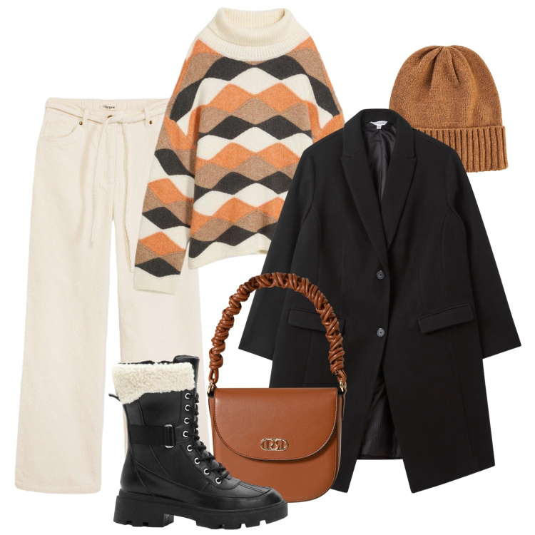 Outfit donna - Freddo con stile. Stile Sporty chic per Tutti i giorni. Abbinamento con maglieria, berretti, pantaloni, anfibi, cappotti, borse a mano.