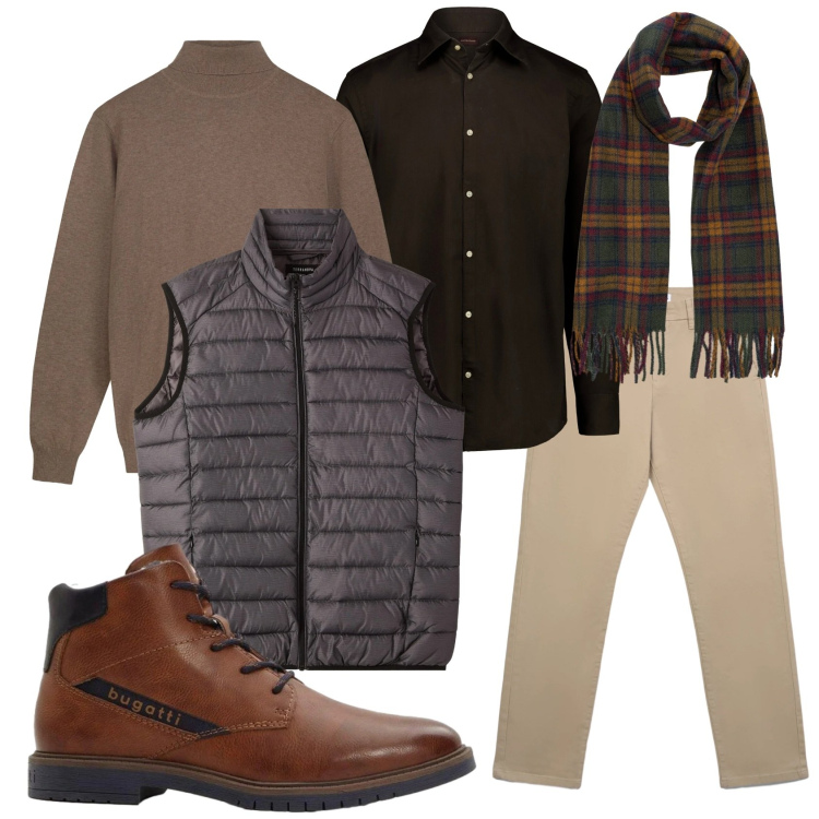 Outfit uomo - Total look #2315129. Stile Casual per Tutti i giorni. Abbinamento con anfibi, pantaloni chino, piumini, maglieria, sciarpe, camicie.