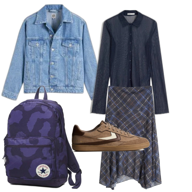 Outfit mujer - Preppy #27. Estilo Preppy para Escuela/Universidad. Combinación con falda longuette, camiseta, sneakers, mochilas, blazers.