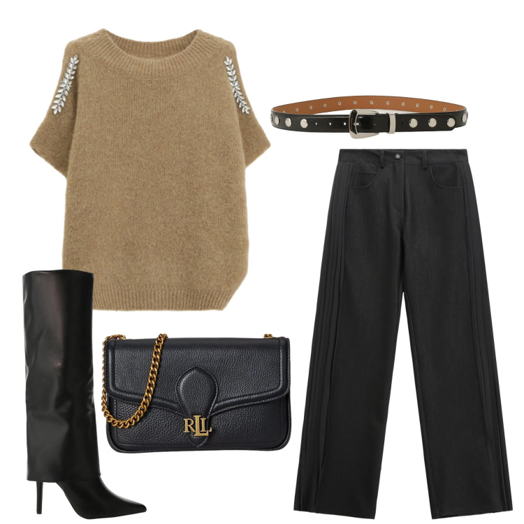 Outfit donna - Imperial - Saldi FW 2025. Stile Chic per Ufficio. Abbinamento con jeans, cinture, stivali, maglieria, clutch.