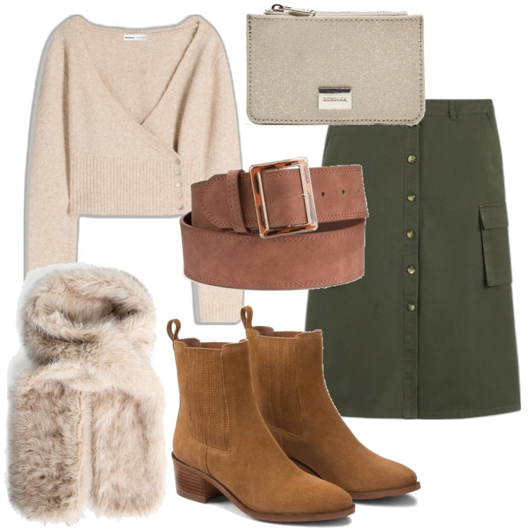 Outfit mujer - Casual #256. Estilo Casual para Oficina. Combinación con cárdigans, chales, monederos, cinturones, botines, minifaldas.