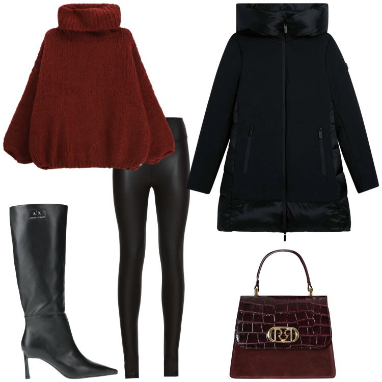 Outfit donna - Maglione avvolgente. Stile Rock per Tutti i giorni. Abbinamento con treggings, stivali, borse a mano, maglieria, eskimo.