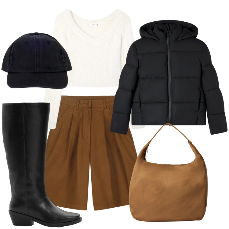 Outfit donna - Urban style. Stile Urban per Ufficio. Abbinamento con stivali, bomber, borse a mano, maglieria, cappelli con visiera, bermuda.