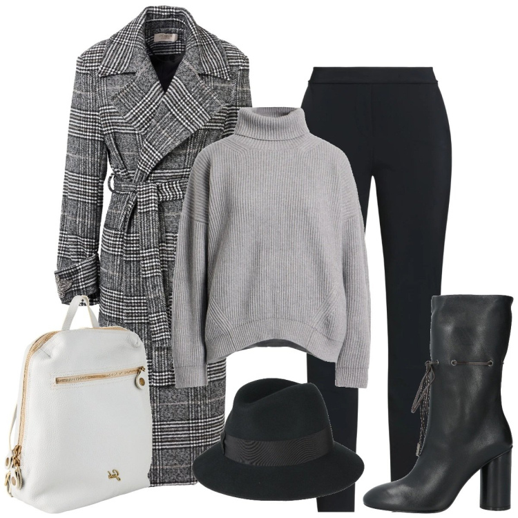 Outfit donna - Il capospalla a quadri. Stile Basic per Serata fuori. Abbinamento con cappotti, stivaletti, zaini, cappelli, leggings, maglieria.