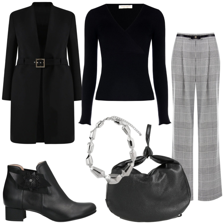 Outfit donna - Pantalone e cappottino. Stile Casual chic per Tutti i giorni. Abbinamento con stivaletti, zaini, pantaloni, pullovers, trench, ciondoli.