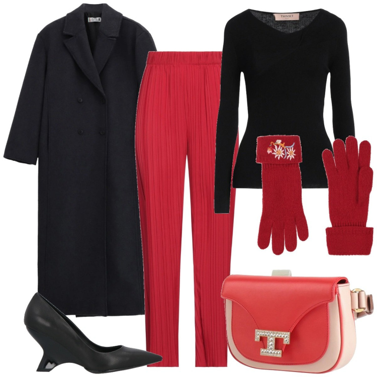 Outfit donna - Col cappotto nero. Stile Casual chic per Serata fuori. Abbinamento con décolleté, pullovers, guanti, marsupi, pantaloni, cappotti.