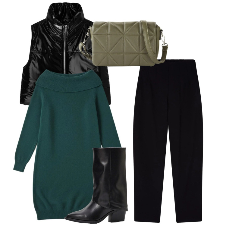 Outfit donna - Total look. Stile Urban per Tutti i giorni. Abbinamento con borse a tracolla, stivali, pantaloni chino, piumini, vestiti corti.