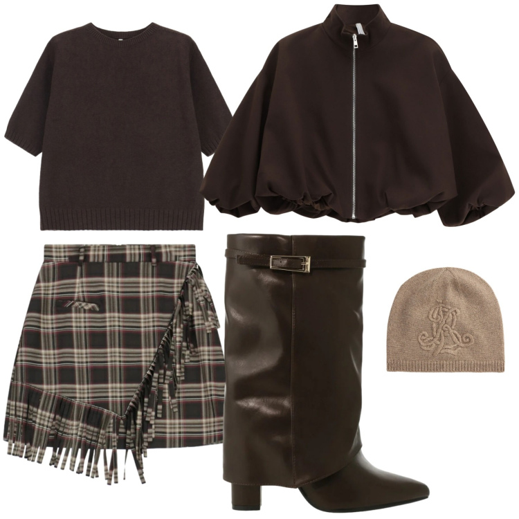 Outfit donna - Brown. Stile Casual chic per Serata fuori. Abbinamento con minigonne, bomber, stivali, maglieria, berretti.
