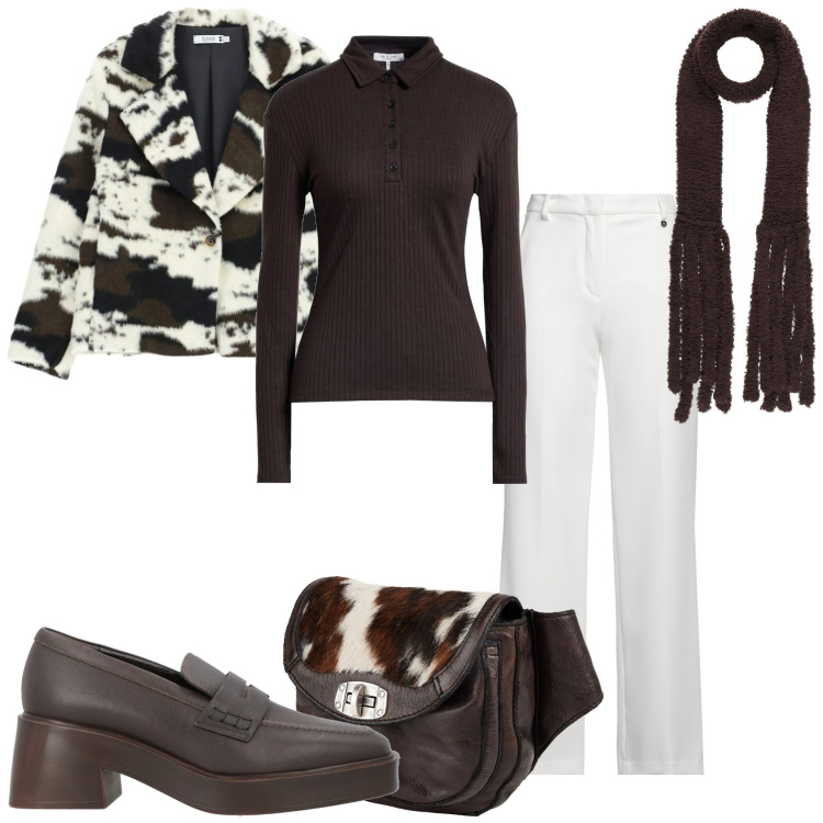 Outfit donna - La giacca mu mu mu. Stile Glamour per Tutti i giorni. Abbinamento con marsupi, mocassini, pullovers, pantaloni, sciarpe, blazer.