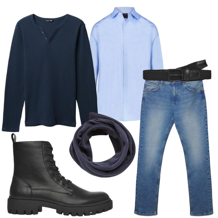 Outfit uomo - Total look #2315209. Stile Casual per Tutti i giorni. Abbinamento con t-shirt, sciarpe, cinture, anfibi, jeans dritti, camicie.