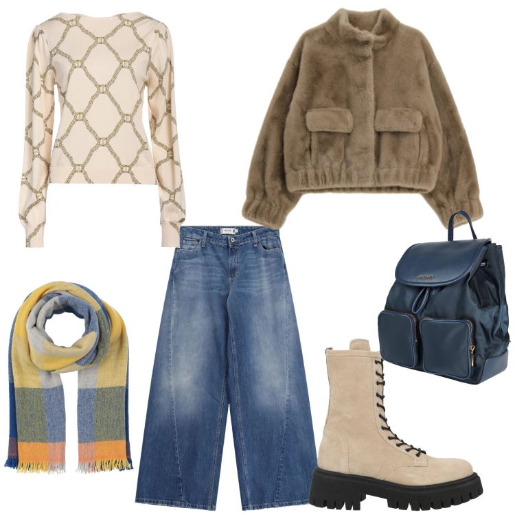 Outfit donna - Total look #2315211. Stile Casual per Ufficio. Abbinamento con pullovers, sciarpe, stivaletti, zaini, jeans, blazer.