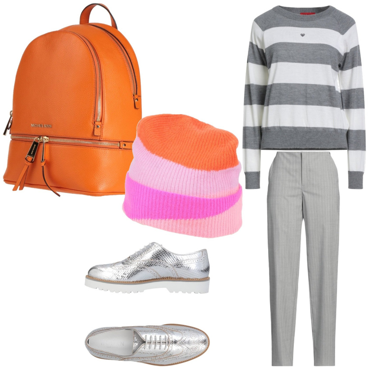 Outfit donna - Il maglione avvolgente a righe. Stile Casual chic per Tutti i giorni. Abbinamento con pantaloni, scarpe stringate, zaini, cappelli, pullovers.