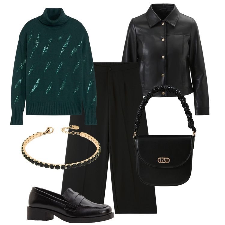 Outfit donna - Knitwear oversize H24. Stile Casual chic per Tutti i giorni. Abbinamento con mocassini, maglieria, pantaloni, braccialetti, borse a mano, giacche.