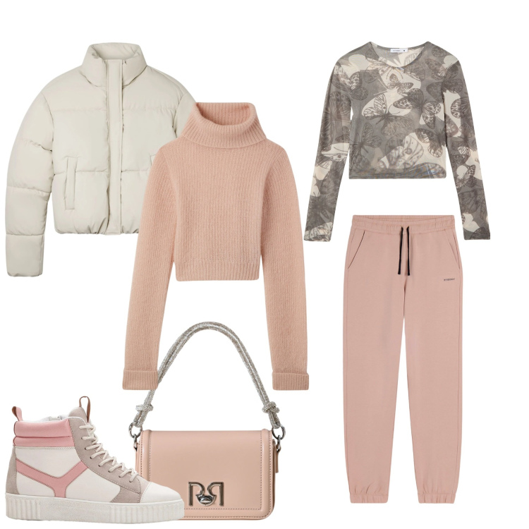 Outfit donna - Total look #2315214. Stile Sporty chic per Tutti i giorni. Abbinamento con sneakers alte, borse a mano, pantaloni, maglieria, t-shirt, bomber.