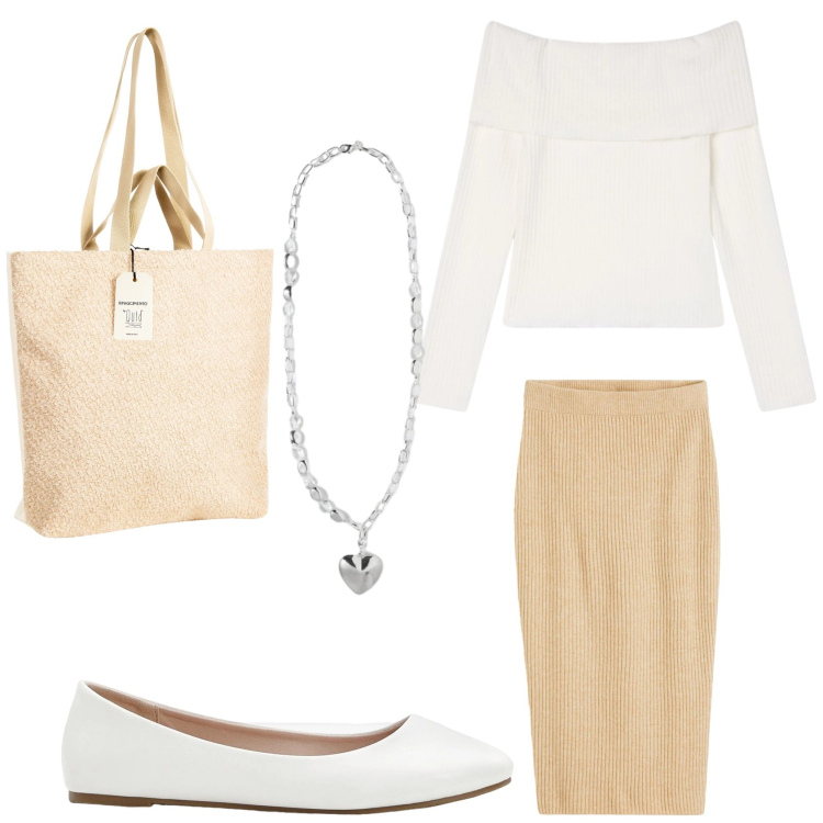 Outfit donna - Panna e burro in ufficio. Stile Casual per Ufficio. Abbinamento con gonne, ballerine, maglieria, borse tote, collane.