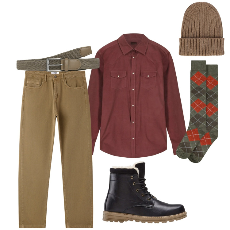 Outfit uomo - Total look #2315223. Stile Trendy per Tutti i giorni. Abbinamento con stivali e stivaletti, cinture, jeans dritti, berretti, camicie, calzini.