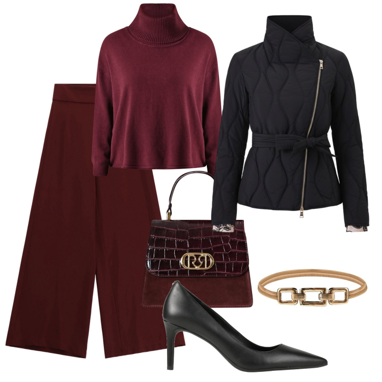 Outfit donna - Caldo maglione a cena. Stile Glamour per Serata fuori. Abbinamento con décolleté, pantaloni a palazzo, maglieria, piumini, cinture, borse a mano.