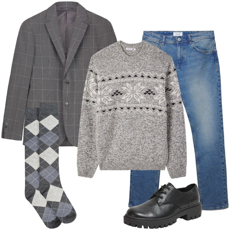 Outfit uomo - Total look #2315231. Stile Casual per Tutti i giorni. Abbinamento con scarpe stringate, jeans dritti, maglieria, giacche, calzini.