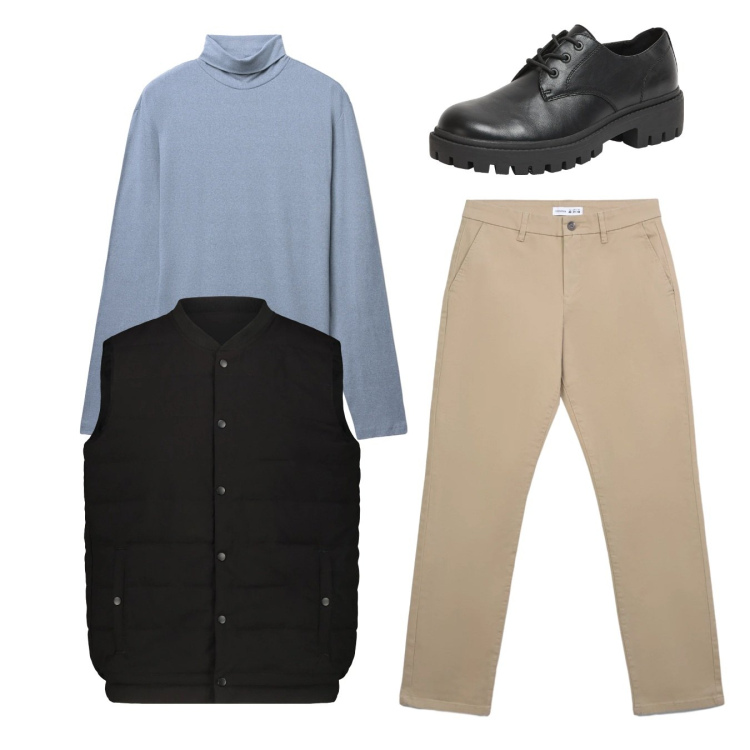 Outfit uomo - Total look. Stile Casual per Tutti i giorni. Abbinamento con scarpe stringate, pantaloni chino, t-shirt, piumini.