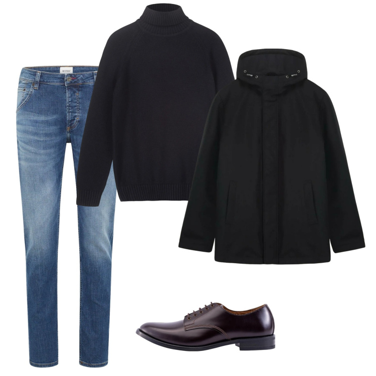 Outfit uomo - Gennaio. Stile Casual per Tutti i giorni. Abbinamento con jeans dritti, scarpe stringate, pullovers, giacche.