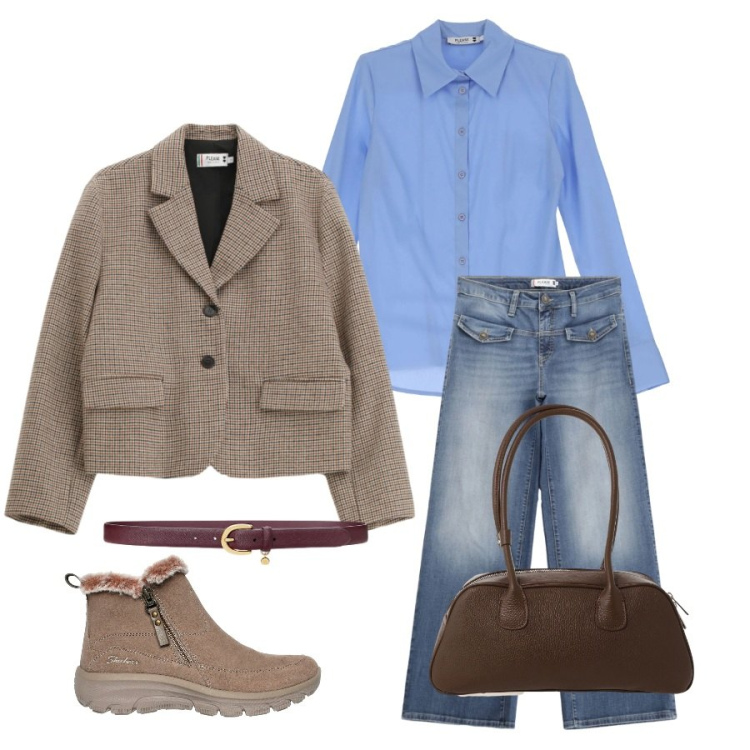 Outfit donna - Inverno in blu e tabacco. Stile Casual chic per Tutti i giorni. Abbinamento con jeans, blazer, camicie, cinture, borse a mano, stivaletti.