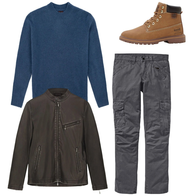 Outfit uomo - Total look. Stile Casual per Tutti i giorni. Abbinamento con pantaloni cargo, stivali e stivaletti, giacche, maglieria.