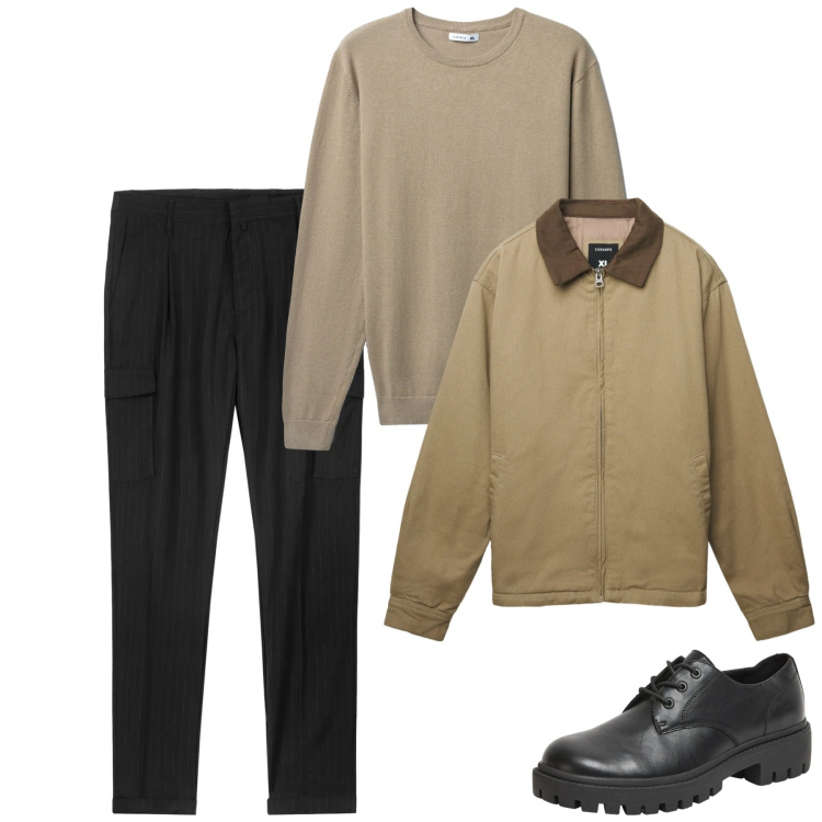 Outfit uomo - Gennaio. Stile Casual per Tutti i giorni. Abbinamento con scarpe stringate, cappotti, maglieria, pantaloni cargo.