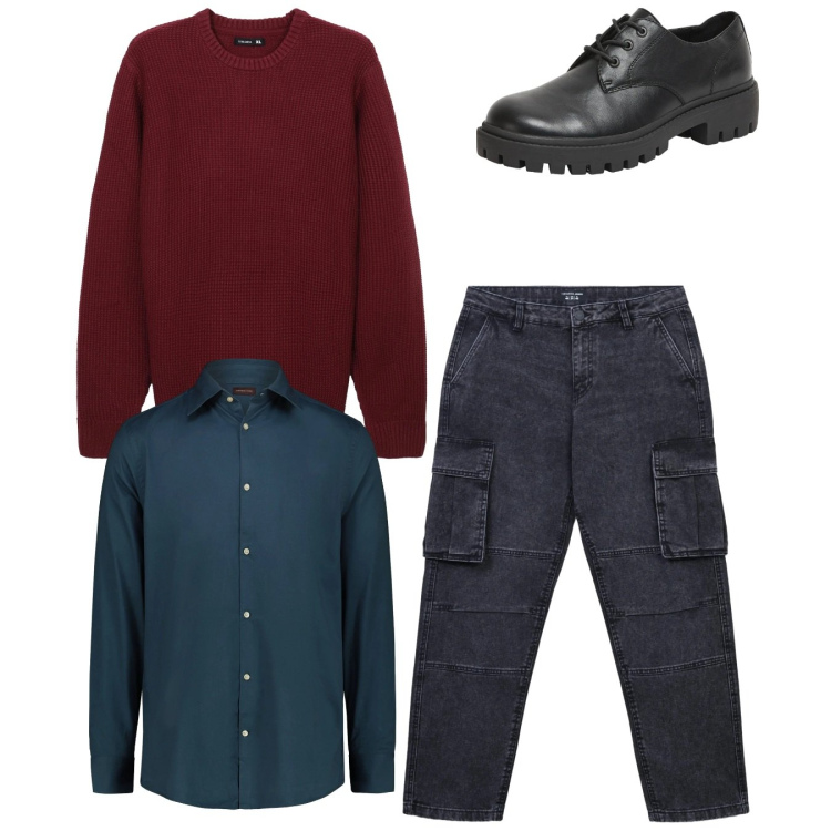 Outfit uomo - Total look. Stile Casual per Tutti i giorni. Abbinamento con scarpe stringate, jeans, maglieria, camicie.