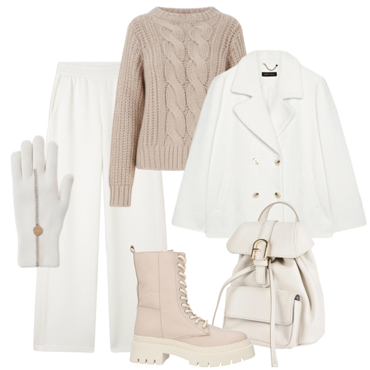 Outfit donna - Comfy sotto la neve. Stile Sporty chic per Tutti i giorni. Abbinamento con stivaletti, zaini, guanti, maglieria, pantaloni, caban.