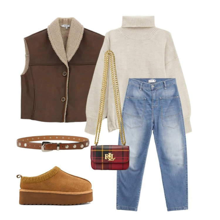 Outfit donna - Contrasti di texture. Stile Boho per Tutti i giorni. Abbinamento con jeans, maglieria, gilet, cinture, pochette, sabot.