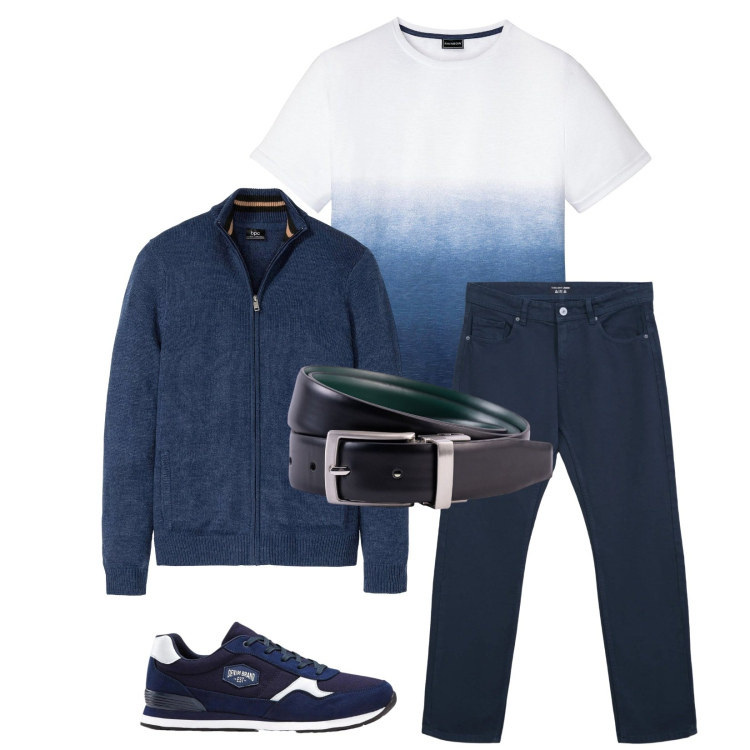 Outfit uomo - Total look #2315260. Stile Casual per Tutti i giorni. Abbinamento con cardigans, sneakers, t-shirt, jeans dritti, cinture.