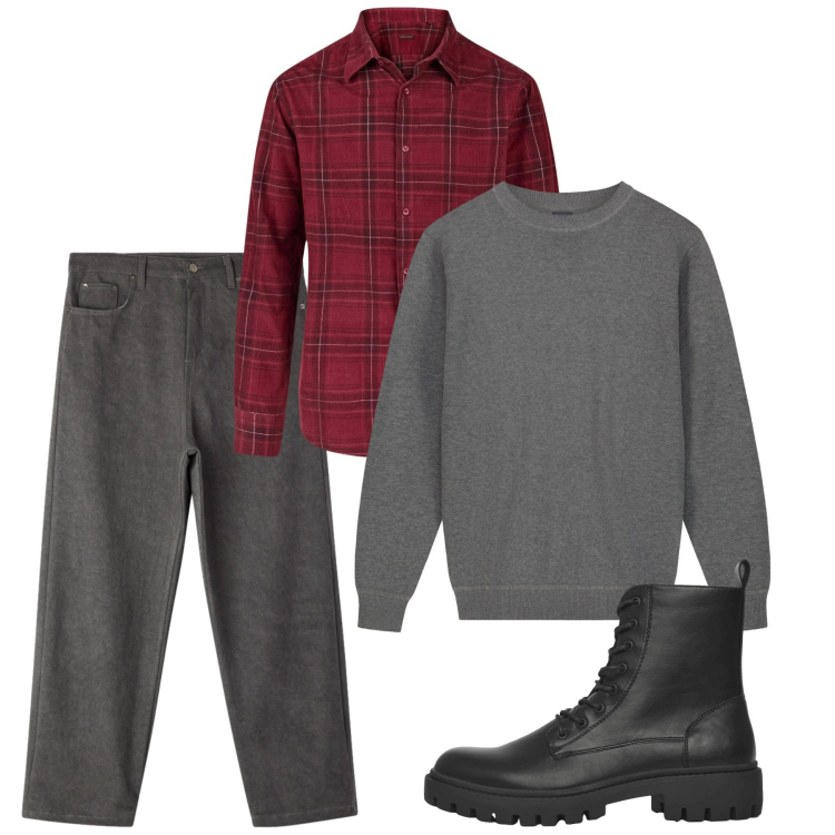 Outfit uomo - Gennaio. Stile Casual per Tutti i giorni. Abbinamento con anfibi, pantaloni, maglieria, camicie.