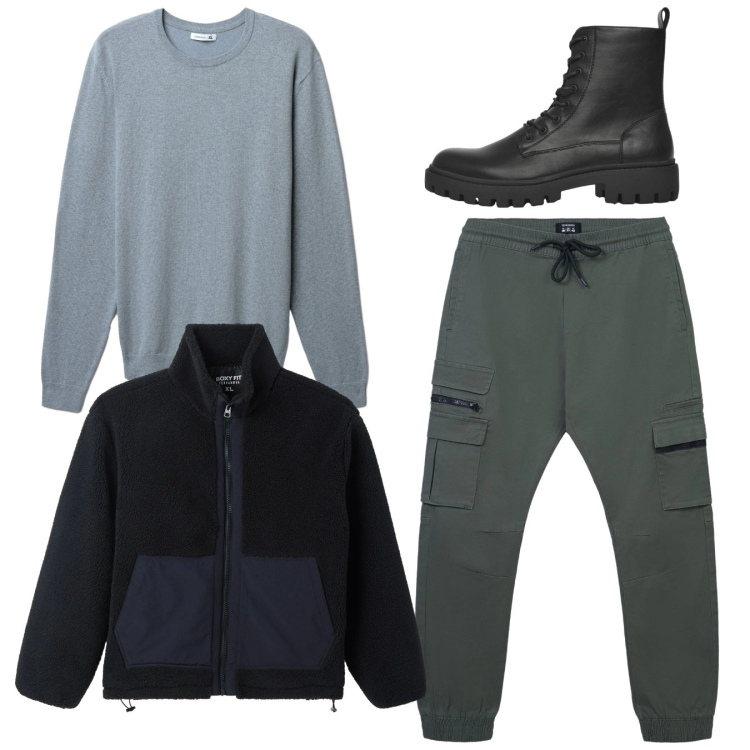 Outfit uomo - Total look. Stile Casual per Tutti i giorni. Abbinamento con anfibi, pantaloni cargo, maglieria, cappotti.