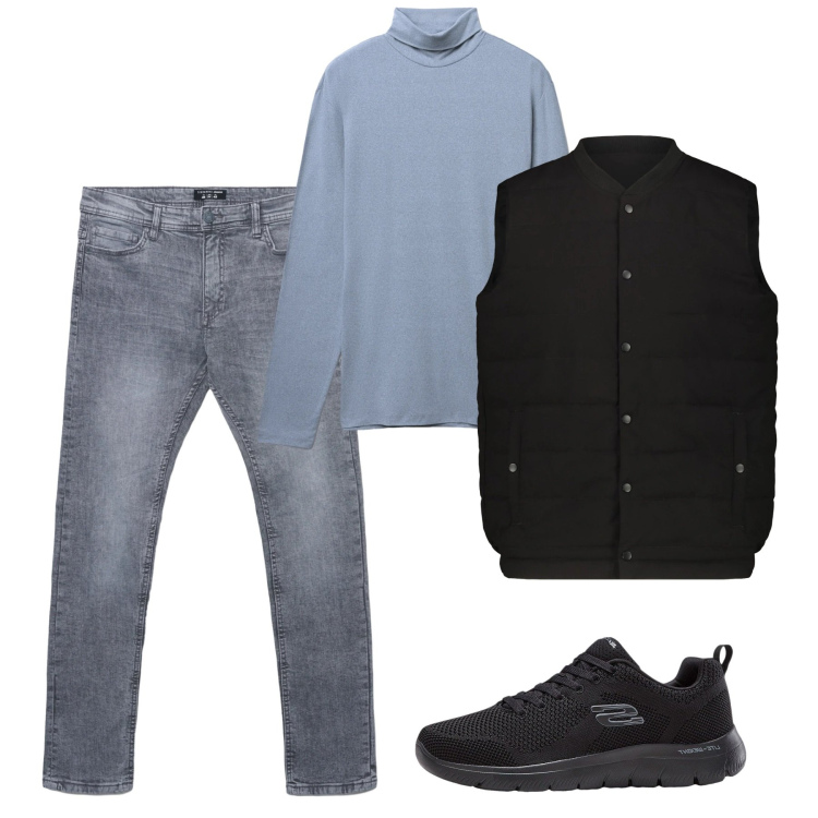 Outfit uomo - Gennaio. Stile Casual per Tutti i giorni. Abbinamento con sneakers, t-shirt, jeans skinny, piumini.
