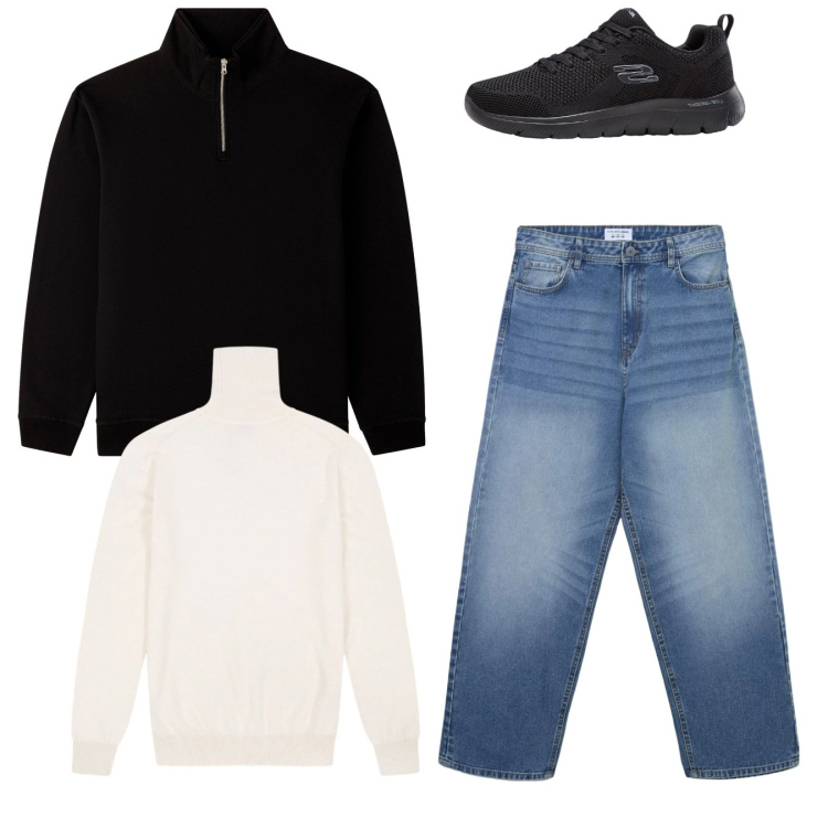 Outfit uomo - Total look. Stile Casual per Tutti i giorni. Abbinamento con sneakers, jeans, felpe, maglieria.