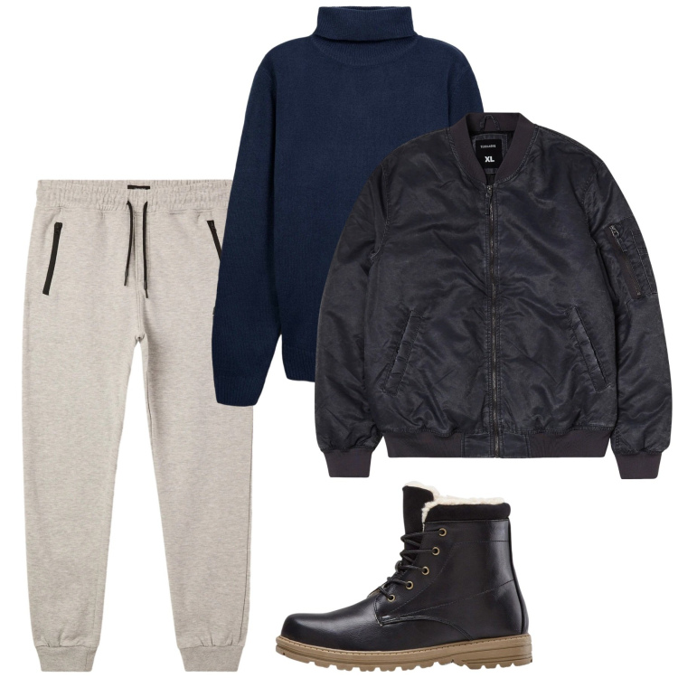 Outfit uomo - Gennaio. Stile Casual per Tutti i giorni. Abbinamento con stivali e stivaletti, bomber, pantaloni, maglieria.