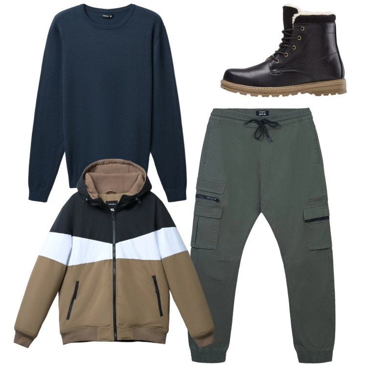 Outfit uomo - Total look. Stile Casual per Tutti i giorni. Abbinamento con stivali e stivaletti, pantaloni cargo, piumini, maglieria.