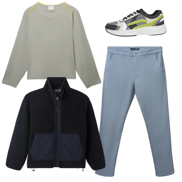 Outfit uomo - Total look. Stile Casual per Tutti i giorni. Abbinamento con pantaloni chino, cappotti, sneakers, t-shirt.