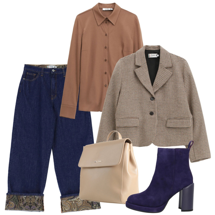 Outfit donna - Gennaio. Stile Casual per Tutti i giorni. Abbinamento con zaini, stivaletti, jeans, blazer, camicie.