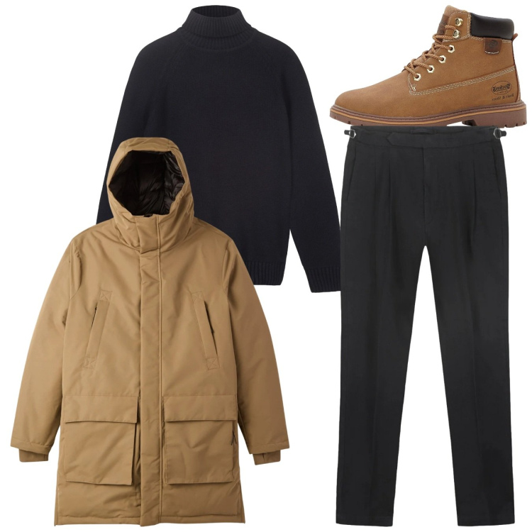 Outfit uomo - Total look. Stile Casual per Tutti i giorni. Abbinamento con stivali e stivaletti, parka, pullovers, pantaloni.