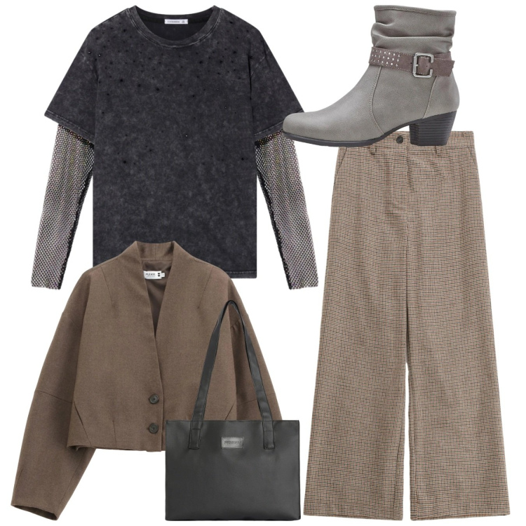 Outfit donna - Total look. Stile Casual per Tutti i giorni. Abbinamento con stivaletti, t-shirt, blazer, pantaloni a palazzo, shopping bag.