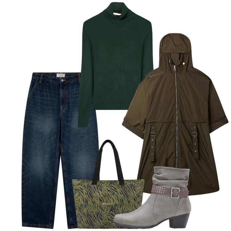Outfit donna - Gennaio. Stile Casual per Tutti i giorni. Abbinamento con stivaletti, trench, jeans, maglieria, shopping bag.