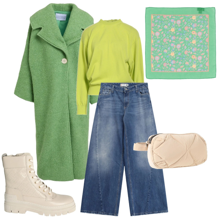 Outfit donna - Total look #2315286. Stile Trendy per Tutti i giorni. Abbinamento con cappotti, marsupi, stivaletti, pullovers, sciarpe, jeans.