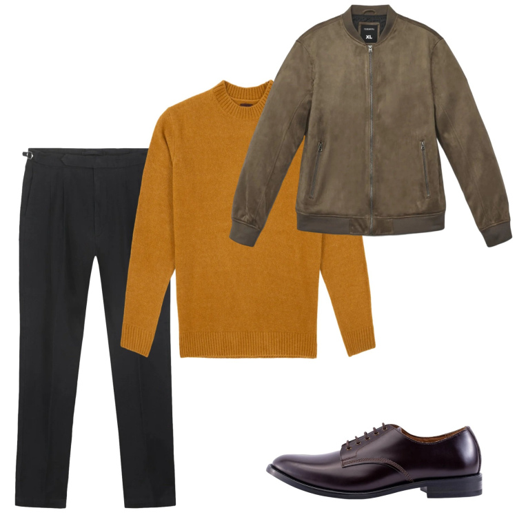 Outfit uomo - Gennaio. Stile Casual per Tutti i giorni. Abbinamento con giacche, scarpe stringate, pantaloni, maglieria.