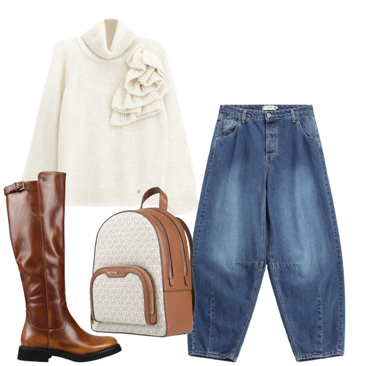 Outfit donna - Total look. Stile Casual per Tutti i giorni. Abbinamento con stivali, zaini, maglieria, jeans.