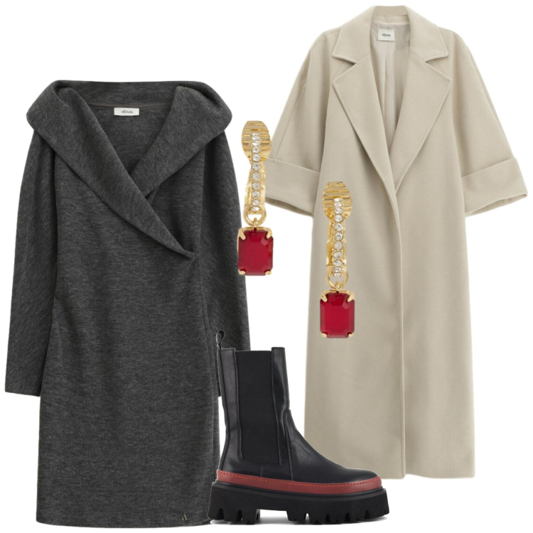 Outfit donna - Dixie - Saldi FW 2025. Stile Urban per Serata fuori. Abbinamento con orecchini, vestiti asimmetrici, cappotti, stivaletti chelsea.