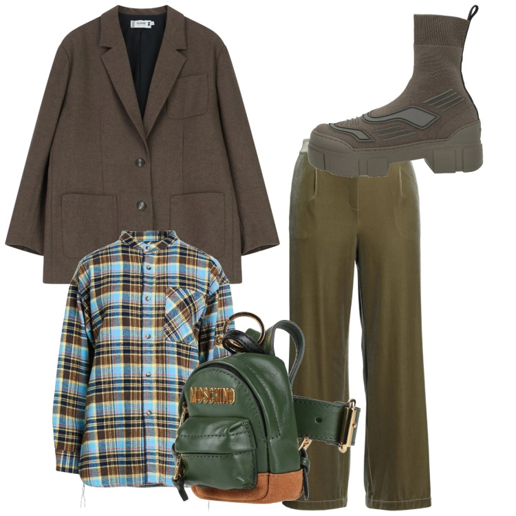 Outfit donna - Total look. Stile Casual per Tutti i giorni. Abbinamento con stivaletti, marsupi, pantaloni, camicie, blazer.