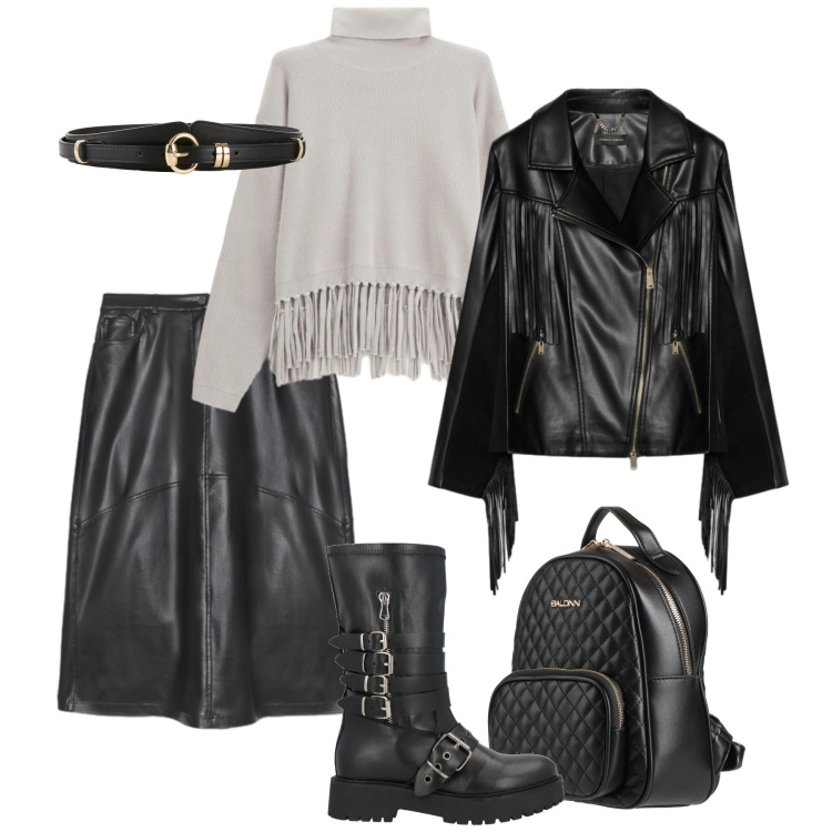 Outfit donna - Rock style & knitwear oversize. Stile Rock per Tutti i giorni. Abbinamento con cinture, zaini, stivali, maglieria, gonne lunghe, giacche.