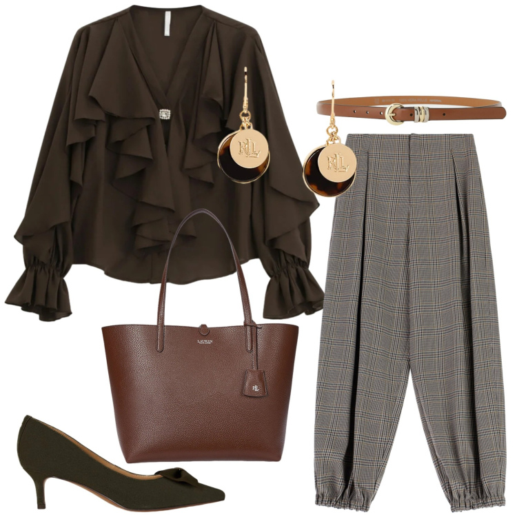 Outfit donna - Imperial - Saldi FW 2025. Stile Glamour per Ufficio. Abbinamento con camicie, pantaloni a palazzo, cinture, borse tote, orecchini, décolleté.
