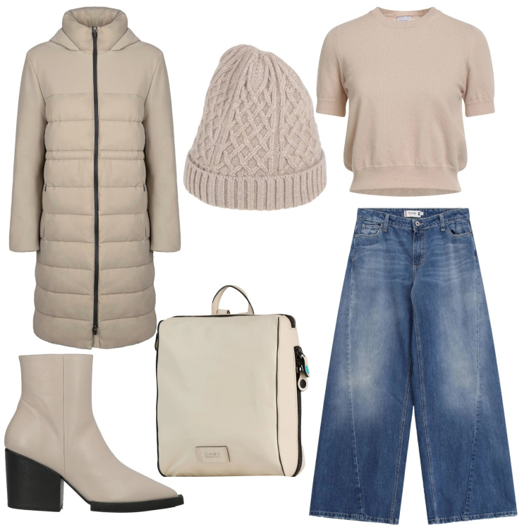 Outfit donna - Cozy Winter fashion. Stile Urban per Tutti i giorni. Abbinamento con cappelli, stivaletti, pullovers, zaini, jeans, cappotti.